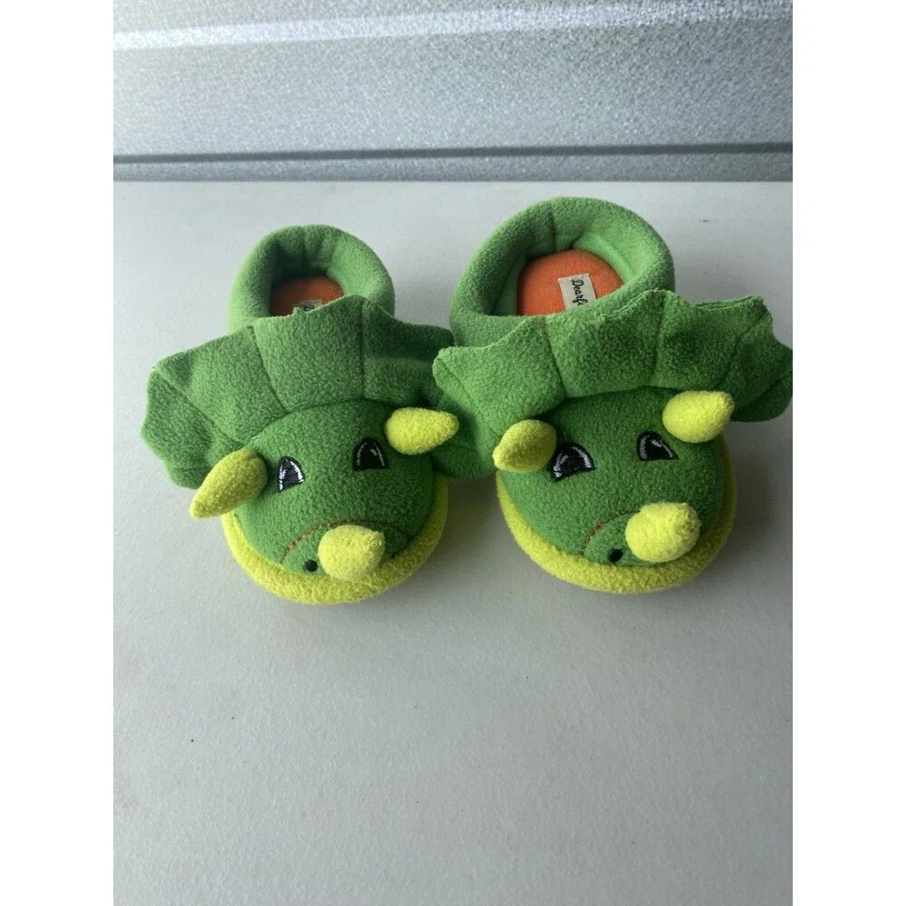 Dearfoams Dinosaur Triceratops Plush Slippers Green Toddler Size 7-8 US
